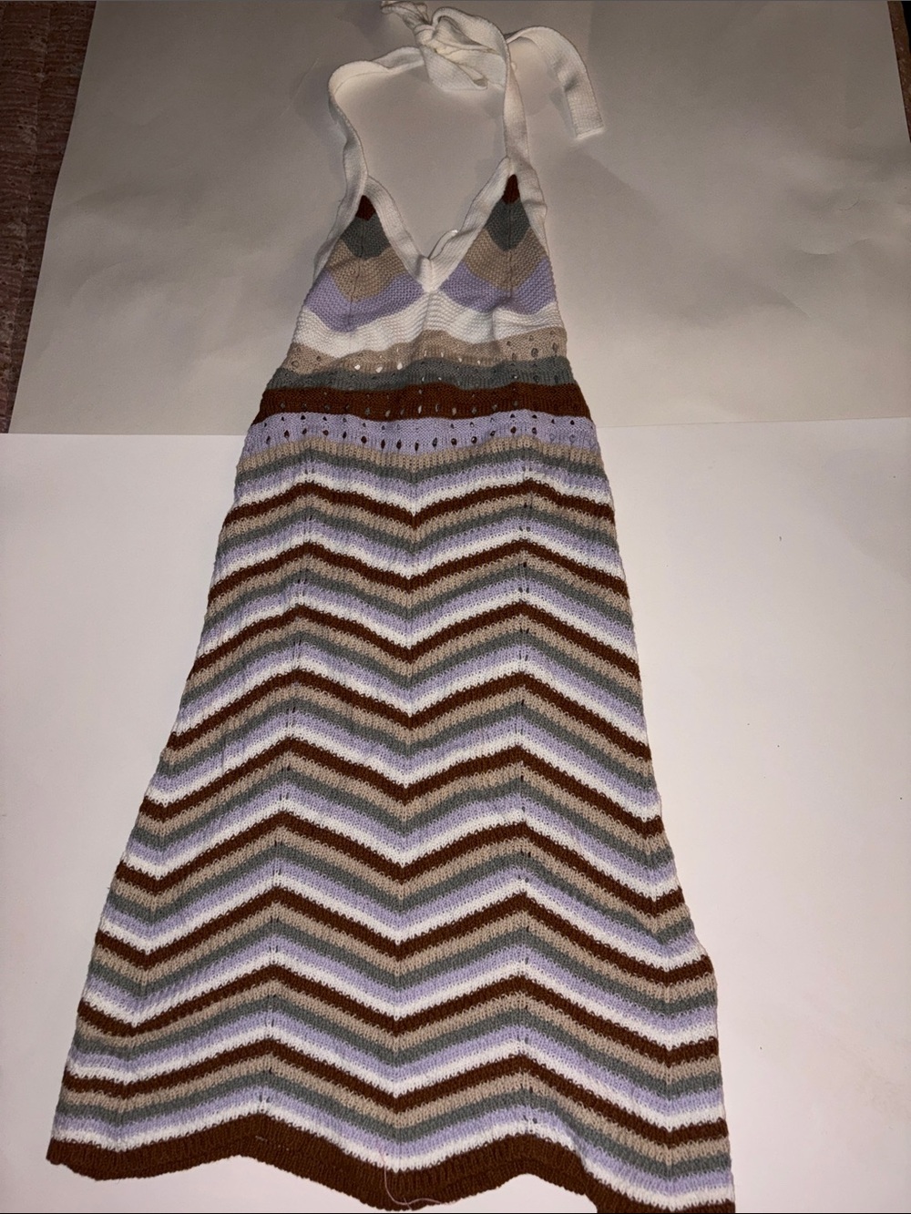 Striped Knit Halter Dress in White, Lavender & Brown
